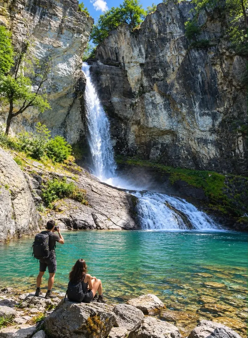 Pareja frente a una cascada y su laguna de agua turquesa en El Chaltén