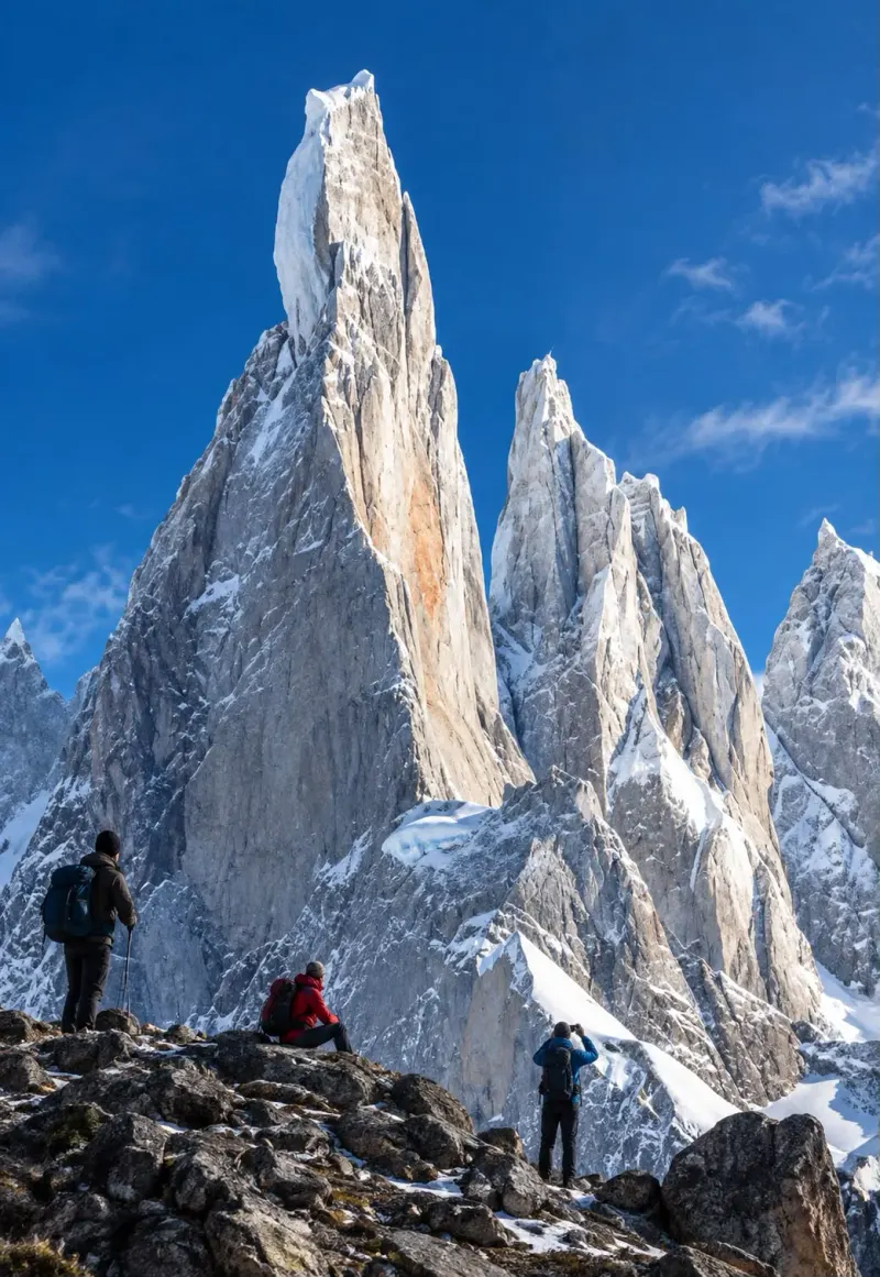 Trekkers contemplando las agujas del Cerro Torre