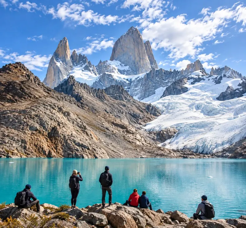 Viajeros frente a la Laguna de los Tres, con el cerro Fitz Roy de fondo