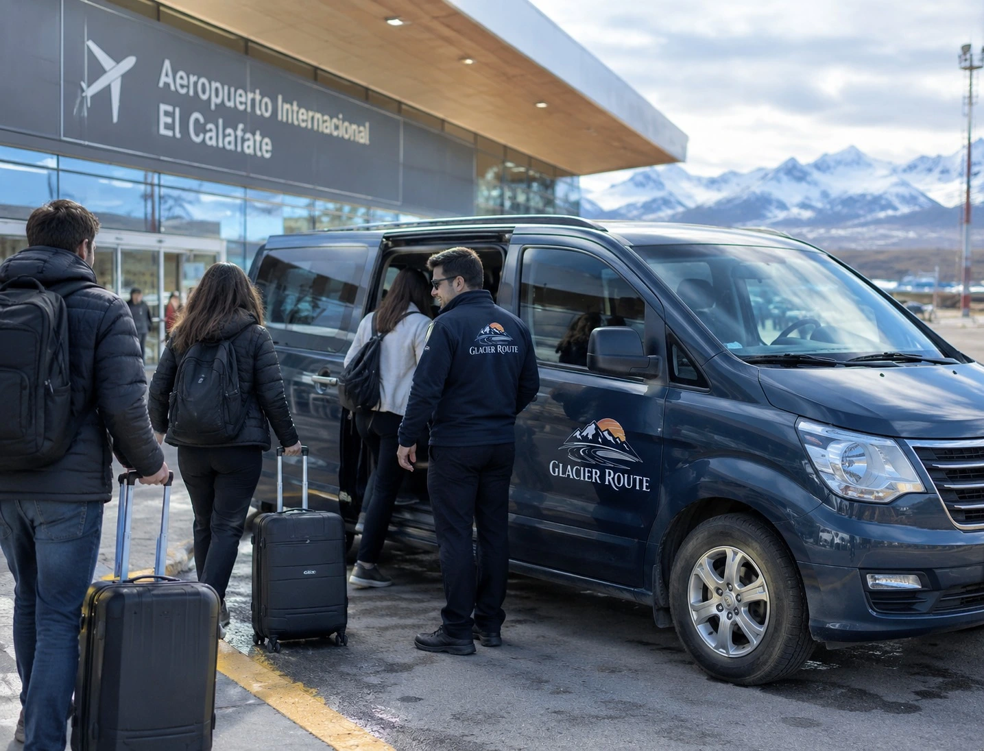 Chofer de Glacier Route recibiendo viajeros junto a la camioneta en el aeropuerto de El Calafate